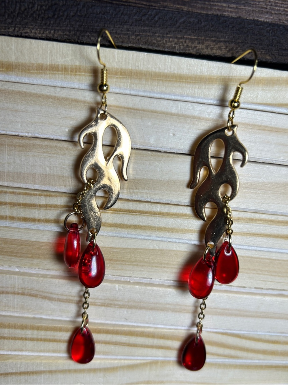 3/$25 Gold Flame Drop Earrings with Red Teardrop Dangles